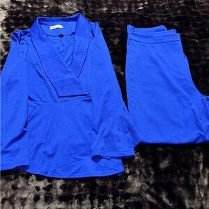 Elegant Blue Women's Blouse and Pants Set